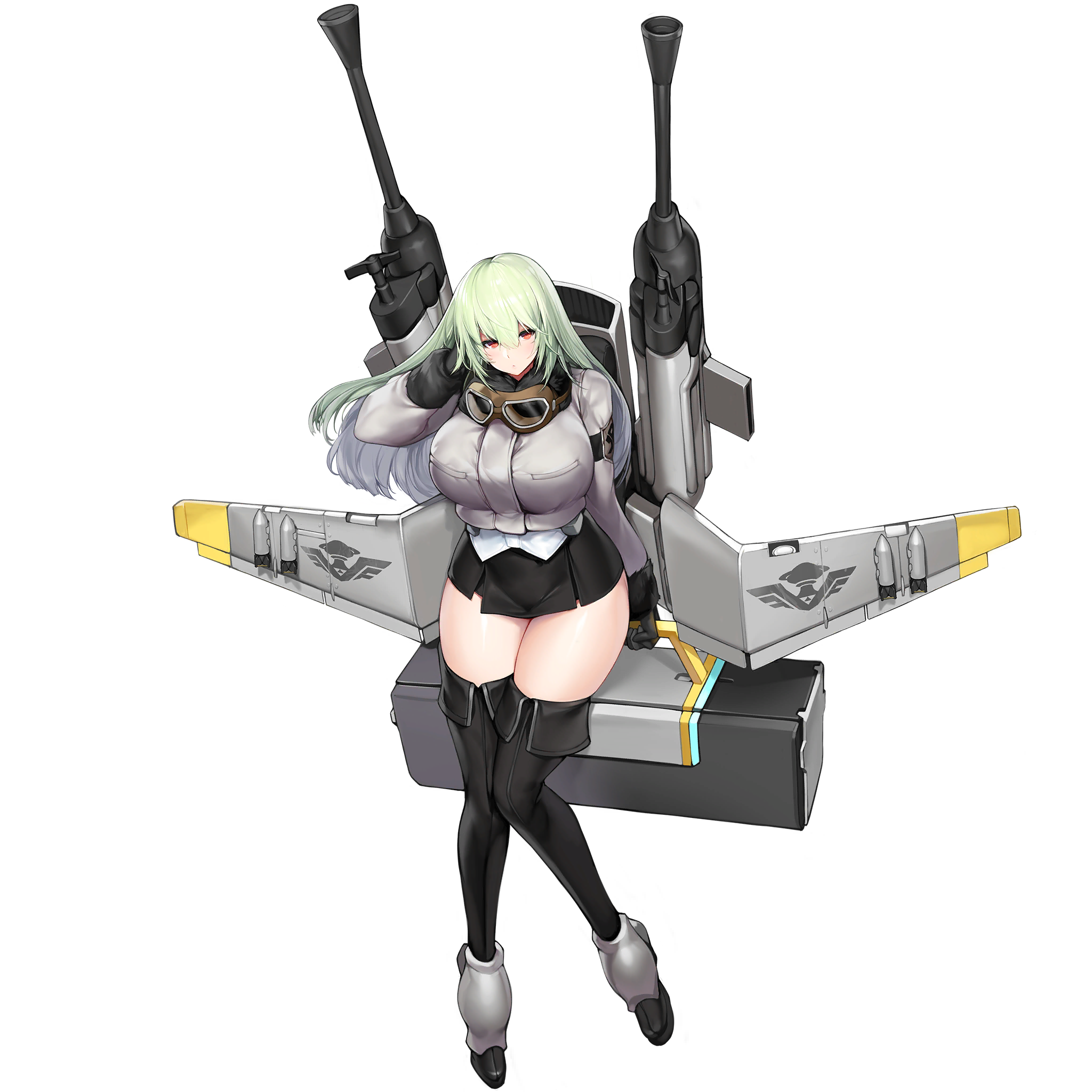 1girl autocannon banshee_(last_origin) black_boots black_gloves black_skirt black_thighhighs bomb bomber boots breasts cannon curvy dive_bomber explosive female_focus full_body game_cg gloves goggles goggles_around_neck green_hair hair_between_eyes highres huge_breasts jacket knees_together_feet_apart last_origin light_green_hair long_hair looking_at_viewer miniskirt official_art pleated_skirt red_eyes skirt snowball22 solo tachi-e thigh_boots thighhighs transparent_background wide_hips wings