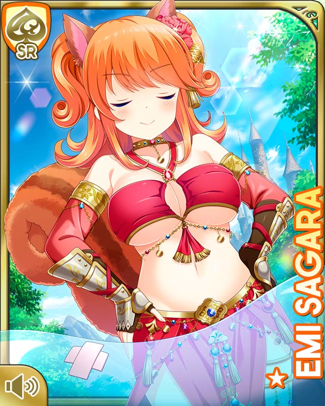 1girl animal_ears armor belly_dancer blob blue_eyes bow breasts brown_bow card_(medium) character_name cleavage closed_eyes closed_mouth day forest girlfriend_(kari) hair_ornament large_breasts looking_at_viewer midriff nature navel official_art orange_hair outdoors qp:flapper sagara_emi smile squirrel_ears squirrel_tail tagme tail tree twintails