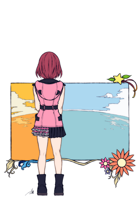 1girl belt black_belt black_boots blue_flower boots cloud dress flower from_behind full_body kairi_(kingdom_hearts) keyblade kingdom_hearts kingdom_hearts_iii leaf mim_(mimya0600) ocean pink_dress pink_flower pleated_skirt red_flower red_hair short_hair signature skirt sky solo standing star_(symbol) white_background