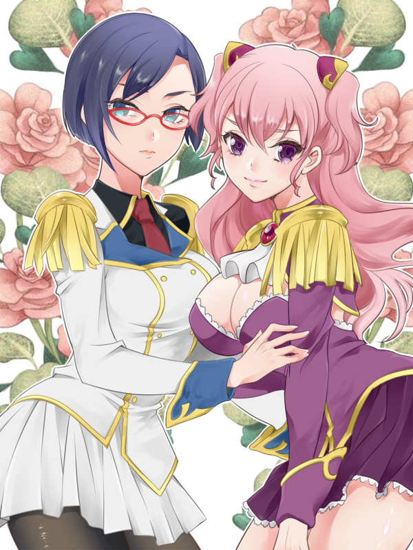 10s 2girls aqua_eyes bad_id bad_pixiv_id bare_legs black_legwear blue_hair breasts charlotte_scherzen charlotte_shalzen cleavage cleavage_cutout clothing_cutout ebisu_yunogi epaulettes female_focus floral_background flower gem glasses hair_ornament jewelry large_breasts legs lips long_hair looking_at_viewer multiple_girls neck necktie pantyhose pink_hair pleated_skirt purple_eyes purple_skirt purple_uniform red-framed_eyewear red_gemstone red_neckwear serious shigure_kasumi short_hair skirt smile two_side_up valkyrie_drive valkyrie_drive_-mermaid- white_skirt white_uniform yuri