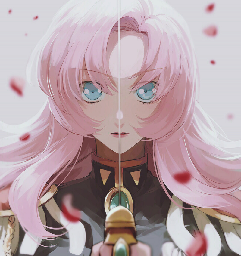 1girl black_jacket blue_eyes closed_mouth epaulettes falling_petals grey_background jacket lips long_hair looking_at_viewer parted_bangs petals pink_hair red_lips red_petals rena_(renasight) rose_petals shoujo_kakumei_utena solo sword sword_in_front_of_face sword_of_dios tenjou_utena upper_body weapon