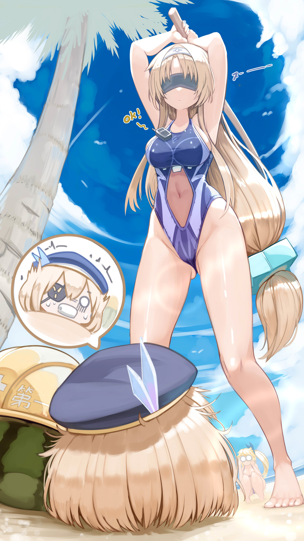 3girls beach black_blindfold black_one-piece_swimsuit blindfold blonde_hair blue_one-piece_swimsuit blue_sky bokken breasts casual_one-piece_swimsuit commission covered_eyes covered_navel day enterprise_(warship_girls_r) eyepatch genek hair_ornament highres holding holding_sword holding_weapon hornet_(warship_girls_r) long_hair low-tied_long_hair medium_breasts multicolored_swimsuit multiple_girls one-piece_swimsuit outdoors palm_tree short_hair skeb_commission sky squatting standing star_(symbol) star_hair_ornament swimsuit sword tree twintails very_long_hair warship_girls_r weapon wooden_sword yorktown_(warship_girls_r)