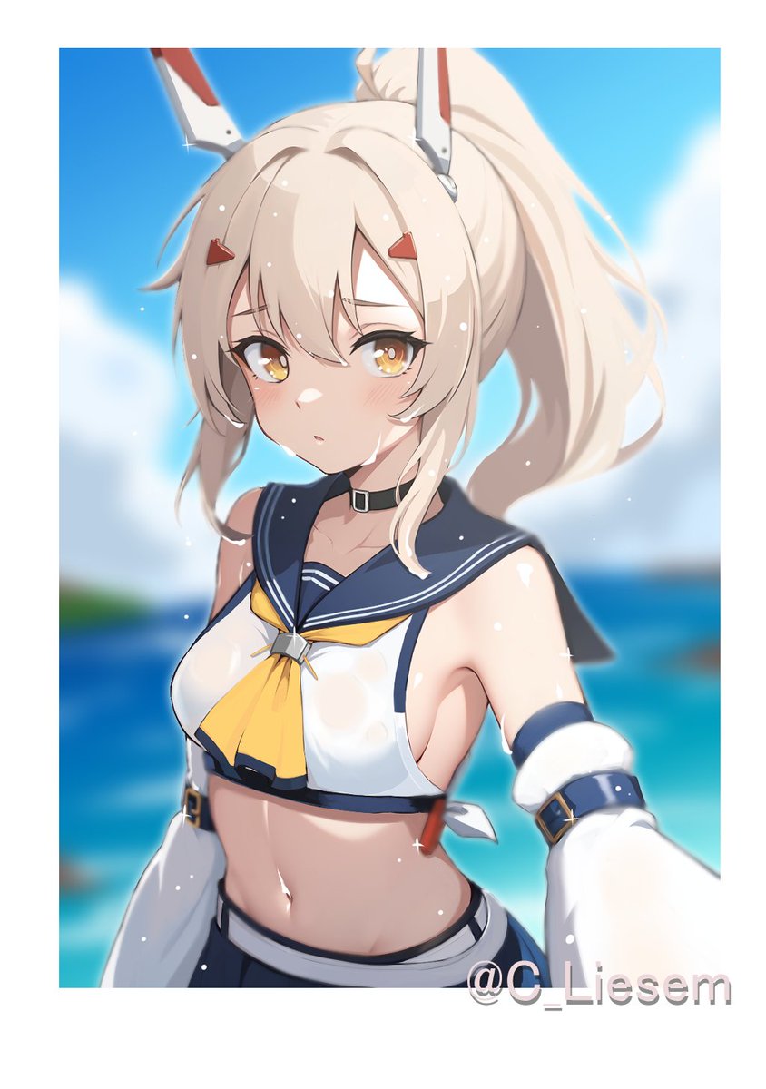 1girl armpits ayanami_(azur_lane) ayanami_(retrofit)_(azur_lane) azur_lane belt black_choker blue_skirt blue_sky blurry breasts choker cloud cloudy_sky collarbone commentary_request depth_of_field detached_sleeves grey_hair hair_between_eyes hair_ornament hairclip headgear highres horizon long_hair long_sleeves looking_at_viewer medium_breasts navel ocean orange_eyes outdoors parted_lips pleated_skirt ponytail retrofit_(azur_lane) risemu_(c_liesem) school_uniform see-through_clothes see-through_shirt serafuku shirt sideboob sidelocks skirt sky solo stomach twitter_username wet wet_clothes wet_shirt wide_sleeves
