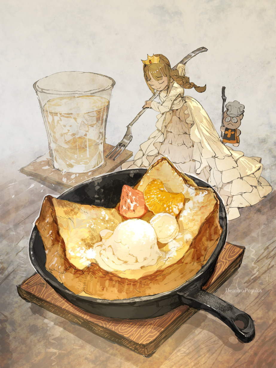 1girl braid bread bread_slice brown_hair chef_hat closed_eyes closed_mouth creature cup demizu_posuka dress drink drinking_glass food fork frying_pan gold_tiara hat highres holding holding_fork ice_cream long_hair mini_person minigirl original single_braid toast white_dress