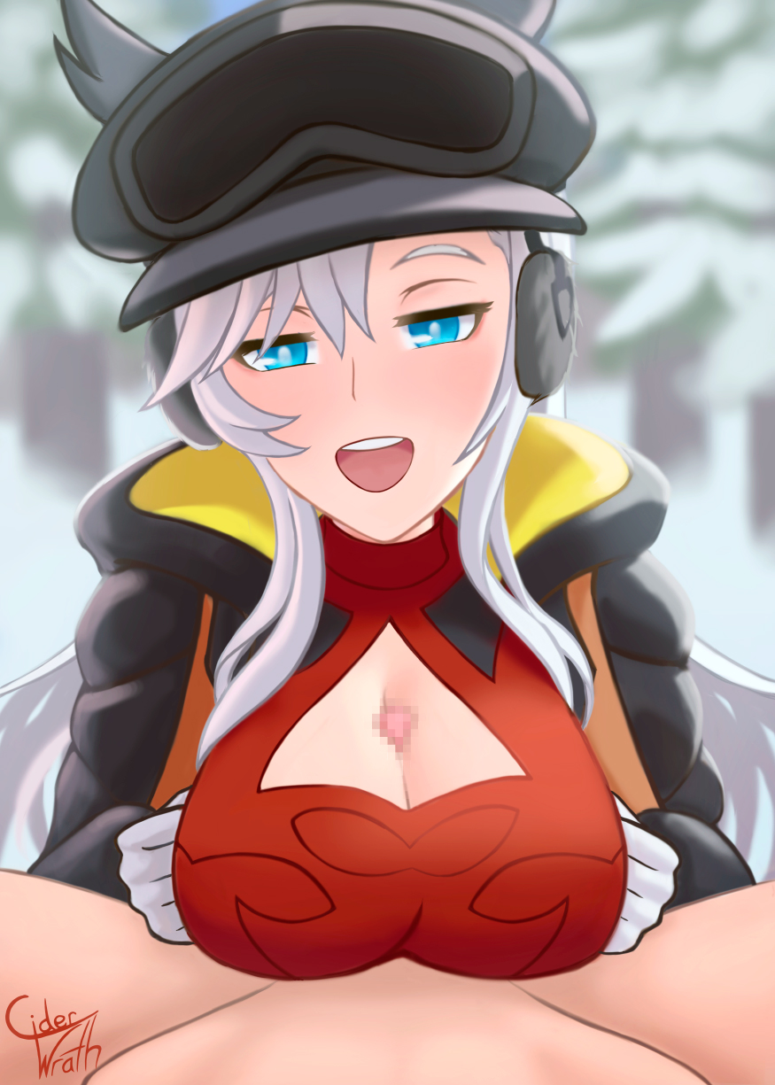 1boy 1girl black_jacket blue_eyes breasts ciderwrath cleavage_cutout clothing_cutout dragalia_lost ear_covers earmuffs forest gloves goggles goggles_on_head highres ilia_(dragalia_lost) jacket large_breasts looking_at_viewer nature open_clothes open_jacket open_mouth paizuri red_shirt shirt signature snow white_gloves white_hair