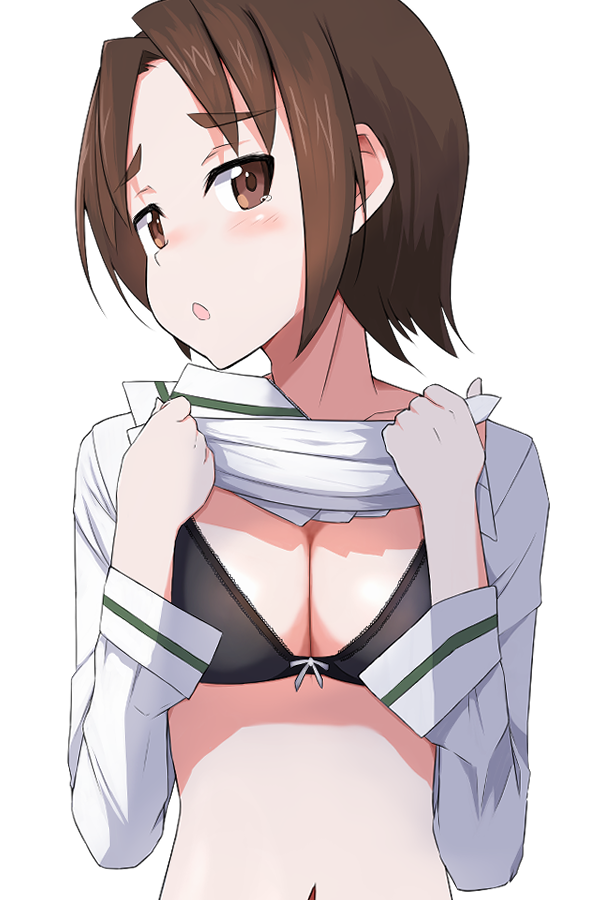 1girl black_bra blouse blush bow bow_bra bra breasts brown_eyes brown_hair cleavage clothes_lift commentary girls_und_panzer half-closed_eyes lifting_person long_sleeves looking_at_viewer medium_breasts medium_hair ooarai_school_uniform open_mouth parted_bangs sailor_collar sawa_azusa school_uniform serafuku shirt shirt_lift short_hair simple_background solo tearing_up tsuru_(tsubasa1993621) underwear upper_body white_background white_sailor_collar white_shirt