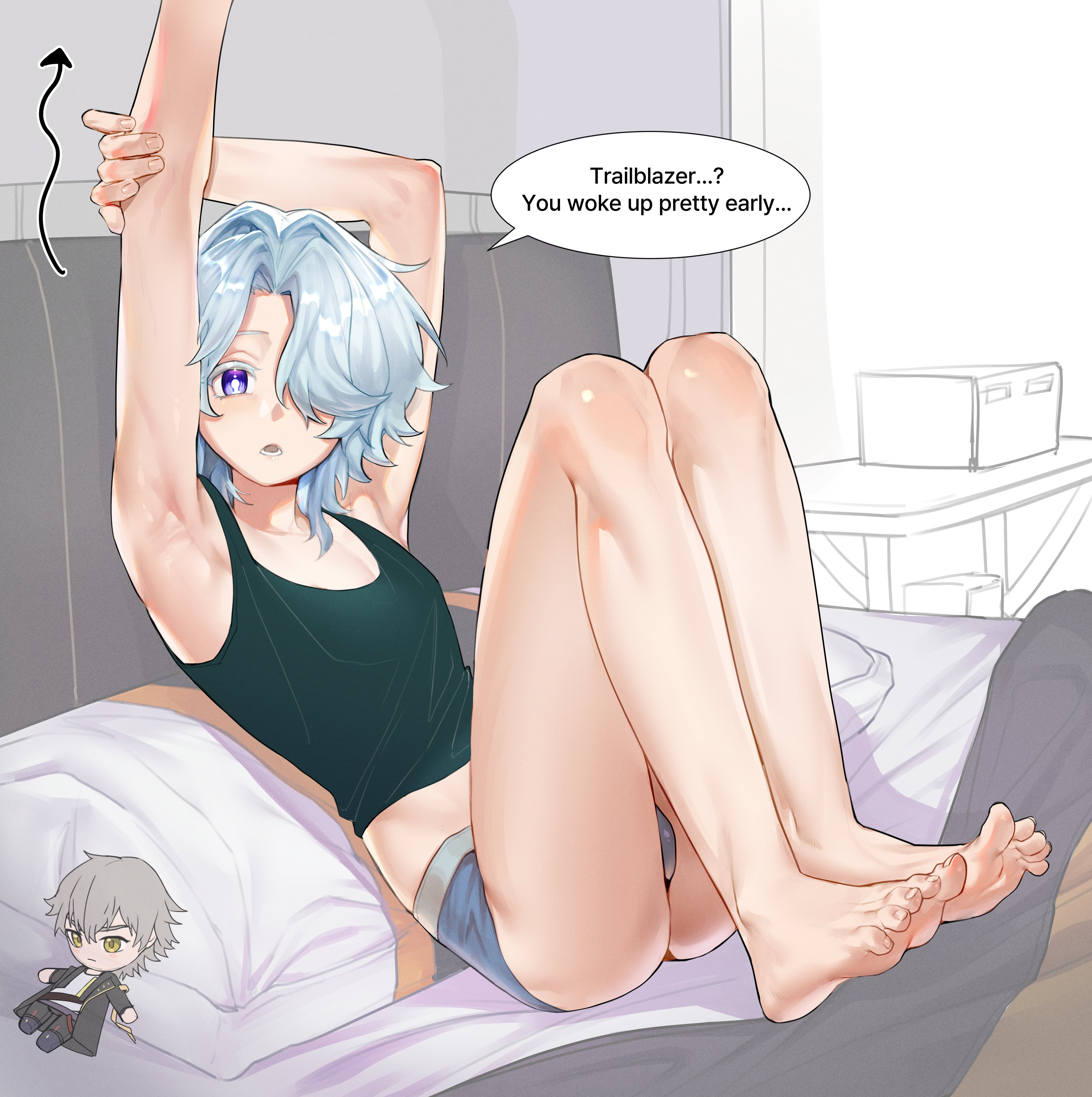 1boy absurdres armpits arms_up arrow_(symbol) bana_gameg bare_legs barefoot bed blanket blue_hair blue_male_underwear caelus_(honkai:_star_rail) character_doll doll english_text feet hair_over_one_eye highres honkai:_star_rail honkai_(series) male_focus male_underwear midriff misha_(honkai:_star_rail) open_mouth pillow purple_eyes short_hair solo speech_bubble toes trailblazer_(honkai:_star_rail) underwear