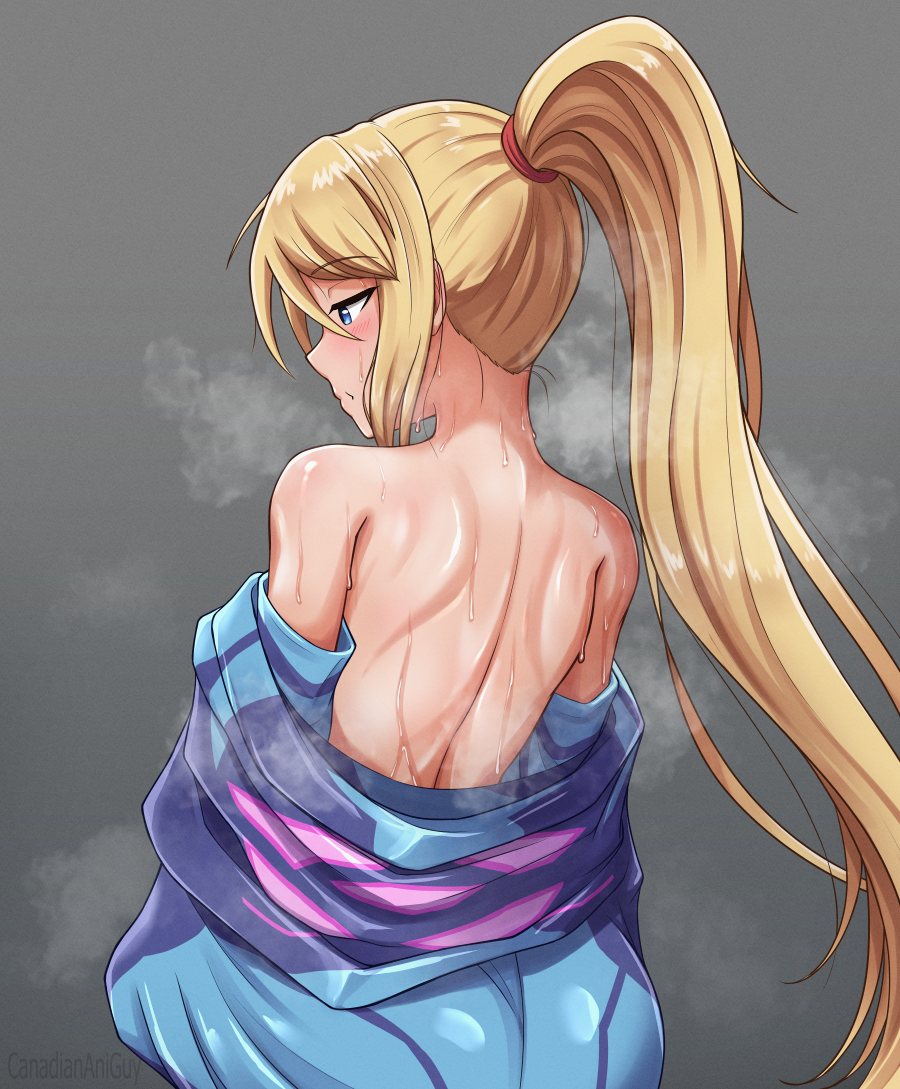 1girl artist_name ass back blonde_hair blue_bodysuit blue_eyes bodysuit canadiananiguy from_behind grey_background half-closed_eyes long_hair metroid nintendo ponytail removing_bodysuit samus_aran solo steaming_body sweat zero_suit