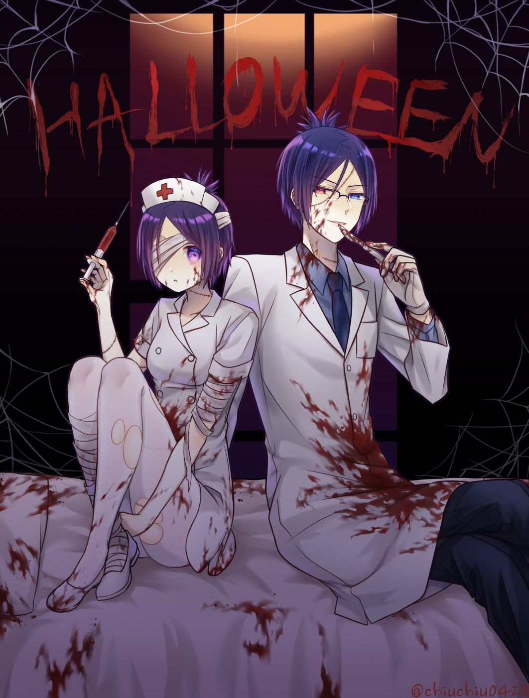 1boy 1girl bandaged_head bandages blood blue_eyes blue_hair chrome_dokuro commentary_request doctor english_text halloween hat highres hihibi holding holding_syringe katekyo_hitman_reborn! looking_at_viewer multicolored_eyes nurse nurse_cap on_bed pantyhose purple_eyes purple_hair red_eyes rokudou_mukuro short_hair smile syringe torn_clothes torn_pantyhose white_pantyhose