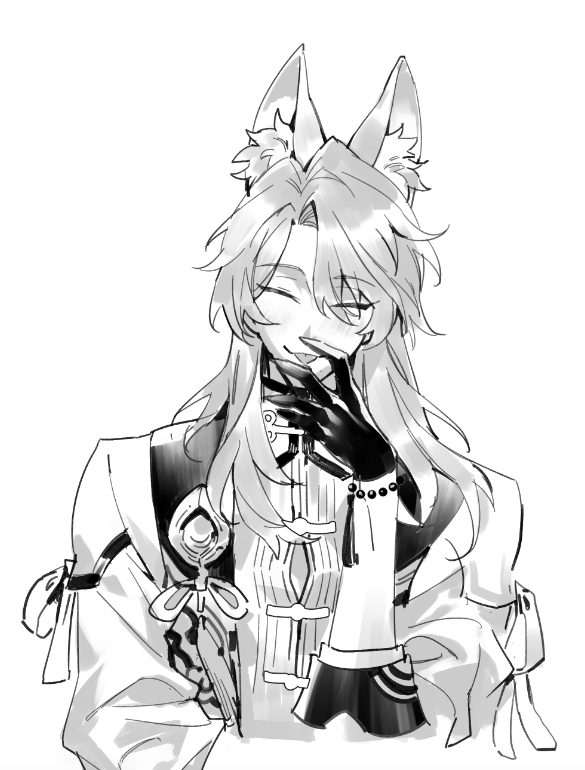 1boy :3 animal_ear_fluff bead_bracelet beads bracelet brooch closed_eyes coat facing_viewer gloves greyscale hand_up honkai:_star_rail honkai_(series) jewelry jiaoqiu_(honkai:_star_rail) long_hair lynnear monochrome ribbon simple_background solo tassel tongue tongue_out very_long_hair