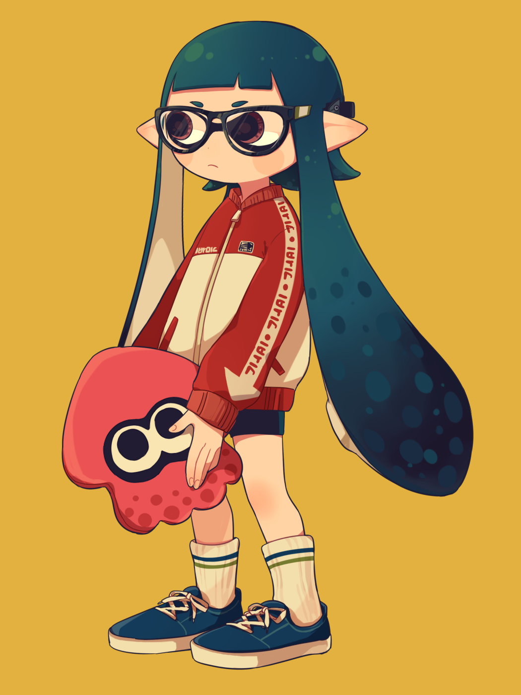 1girl ankle_socks bike_shorts blue-framed_eyewear blue_hair blue_shoes blue_shorts blush_stickers closed_mouth commentary full_body glasses highres holding holding_stuffed_toy inkling inkling_girl inkling_player_character jacket long_hair long_sleeves ma-to multicolored_jacket nintendo pointy_ears purple_eyes red_jacket shoes shorts simple_background sneakers socks solo splatoon_(series) splatoon_1 standing stuffed_squid stuffed_toy symbol-only_commentary tentacle_hair track_jacket twintails two-tone_jacket very_long_hair white_jacket white_socks yellow_background zipper zipper_pull_tab