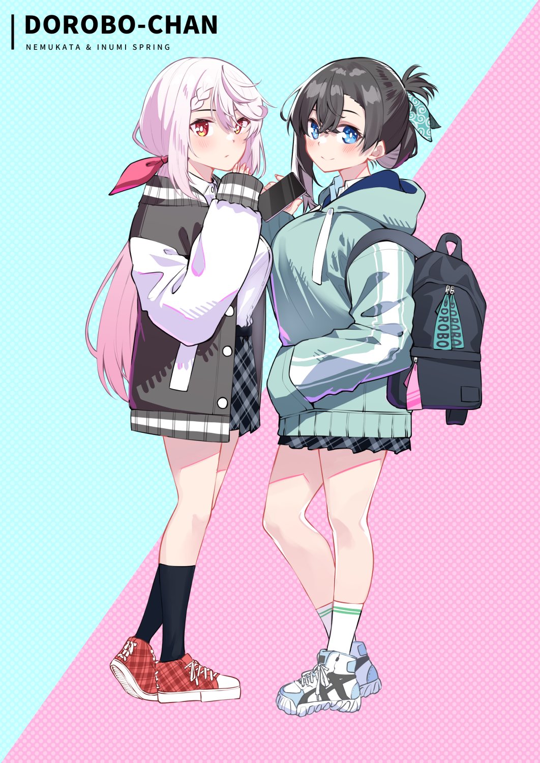 2girls alternate_costume aqua_background aqua_hoodie backpack bag black_bag black_hair black_socks blue_eyes blush breasts character_name closed_mouth commentary_request copyright_name crossed_bangs dorobou-chan folded_ponytail from_side full_body hair_ribbon hand_in_pocket hand_up heel_up highres hitotose_hirune holding holding_phone hood hoodie jacket large_breasts long_hair long_sleeves looking_at_viewer multicolored_jacket multiple_girls nemukata_(dorobou-chan) open_clothes open_jacket phone pink_background pink_hair pink_ribbon plaid_clothes plaid_skirt pleated_skirt ponytail red_eyes red_footwear ribbon shirt shoes skirt sleeves_past_wrists smile socks spiral_print split_mouth standing two-tone_background two-tone_jacket white_footwear white_shirt white_socks