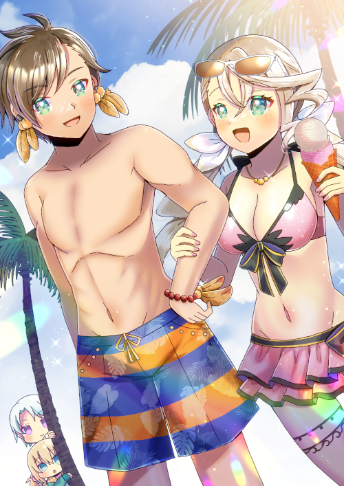 2boys 2girls :d :o alisha_diphda bikini blonde_hair blue_eyes blue_sky breasts brown-tinted_eyewear brown_hair character_request cleavage cloud commentary_request commission day double_scoop eyewear_on_head food green_eyes grey_hair groin hair_between_eyes holding holding_food ice_cream ice_cream_cone kou_hiyoyo long_hair low_twintails male_swimwear medium_breasts mikleo_(tales) multiple_boys multiple_girls navel open_mouth outdoors palm_tree parted_lips peeking_out pink_bikini purple_eyes skeb_commission sky smile sorey_(tales) striped_male_swimwear swept_bangs swim_trunks swimsuit tales_of_(series) tales_of_zestiria tinted_eyewear topless_male tree twintails very_long_hair white-framed_eyewear