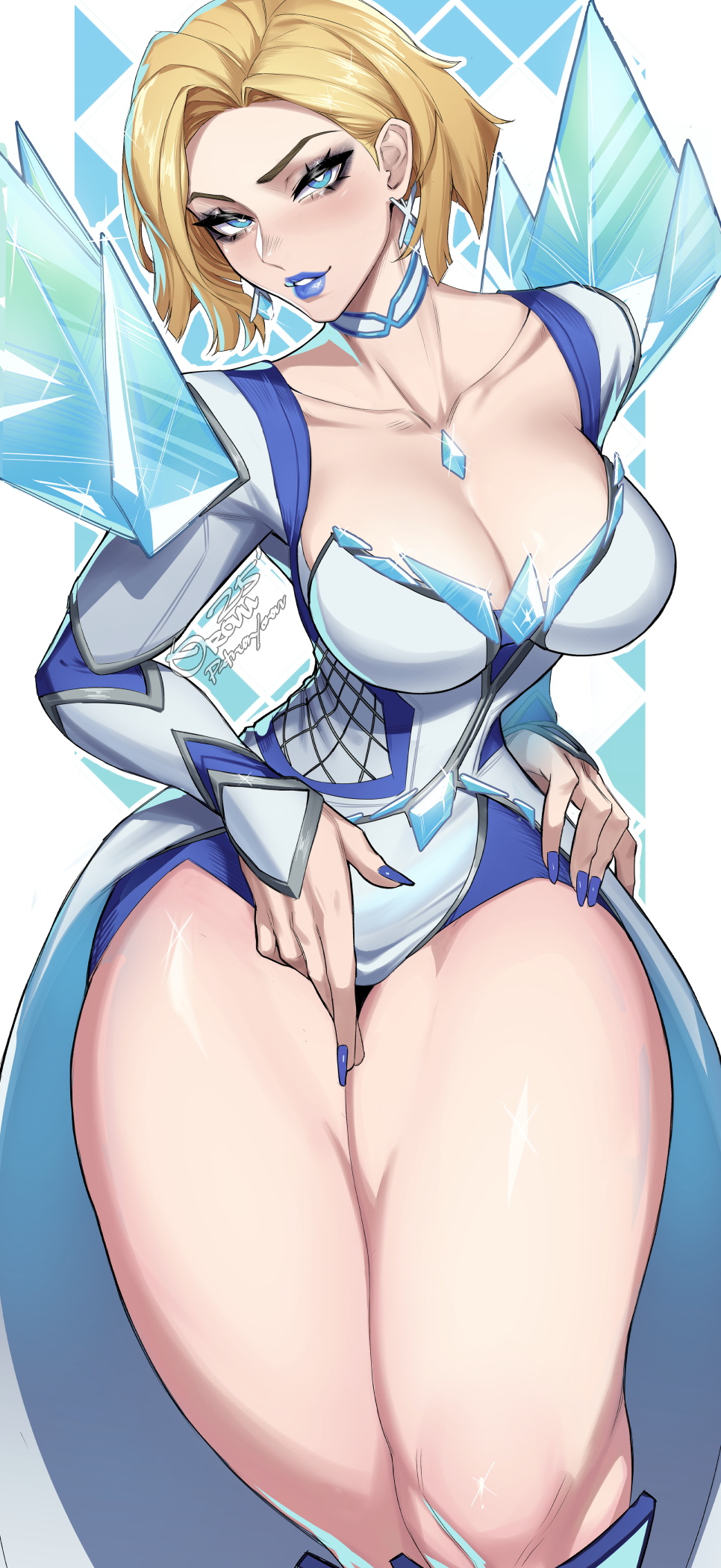 1girl blonde_hair blue_eyes blue_lips blue_nails breasts choker cleavage corset diamond_(shape) diamond_earrings earrings emma_frost highres jewelry large_breasts leotard lipstick looking_at_viewer makeup marvel marvel_rivals multicolored_leotard orouu short_hair smile solo superhero_costume thick_thighs thighs white_corset white_leotard x-men