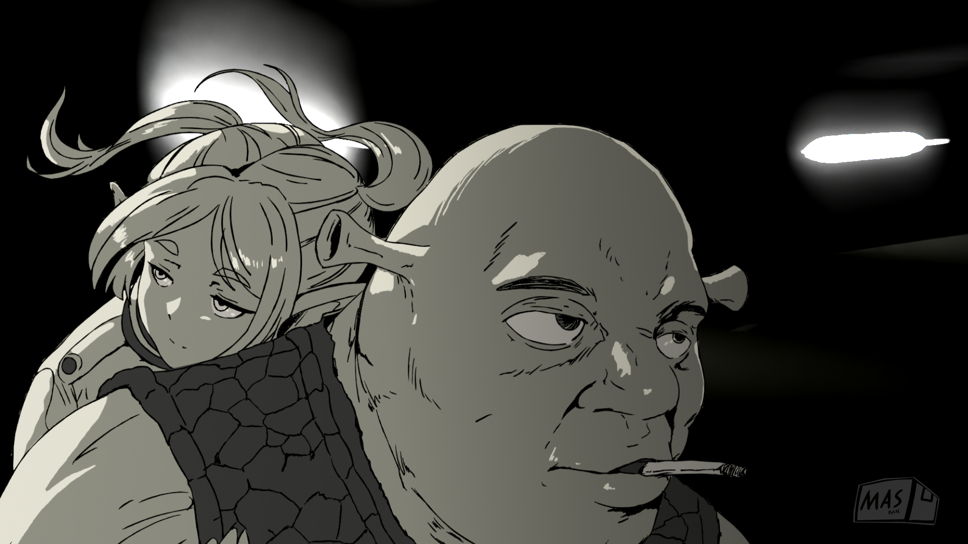 1boy 1girl animated animated_png artist_logo artist_name bald blender_(medium) blinking cigarette closed_mouth commentary crossover derivative_work driving elf english_commentary expressionless fallen_angels_(movie) floating_hair frieren greyscale highres hong_kong hug logo long_hair masban medium_hair meme monochrome motor_vehicle motorcycle nightcall_(song) ogre on_motorcycle parody pointy_ears riding shrek shrek_(series) sidelighting smoking sousou_no_frieren third-party_edit tunnel twintails tyrone vest watermark