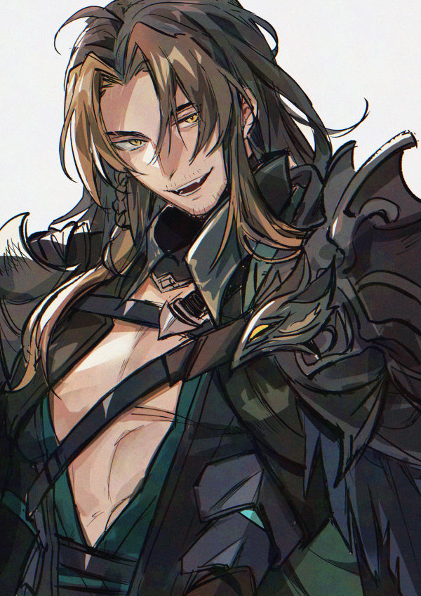1boy ahoge armor beard_stubble braid brown_hair chest_belt curtained_hair facial_hair fangs goldbullet goldbullet_(2nd_costume) gorget green_shirt holostars holostars_english kadeart long_hair male_focus mustache_stubble open_mouth pauldrons pectorals plunging_neckline shirt shoulder_armor side_braid simple_background single_braid solo stubble upper_body virtual_youtuber white_background yellow_eyes