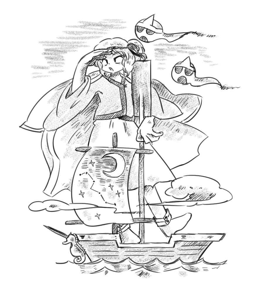 1other :o androgynous big_dipper boat chikafumikou cloud commentary_request constellation crescent fujiwara_no_iyozane full_body ghost ghost_(len&#039;en) greyscale hair_ribbon hand_on_own_forehead high-waist_skirt hitodama holding holding_oar jacket jacket_on_shoulders japanese_clothes len&#039;en long_sleeves looking_ahead maid_headdress medium_skirt monochrome oar one-hour_drawing_challenge one_side_up open_mouth other_focus ribbon sailboat shirt short_hair simple_background skirt solid_circle_eyes solo star_(sky) triangular_headpiece watercraft waves white_background wide_sleeves
