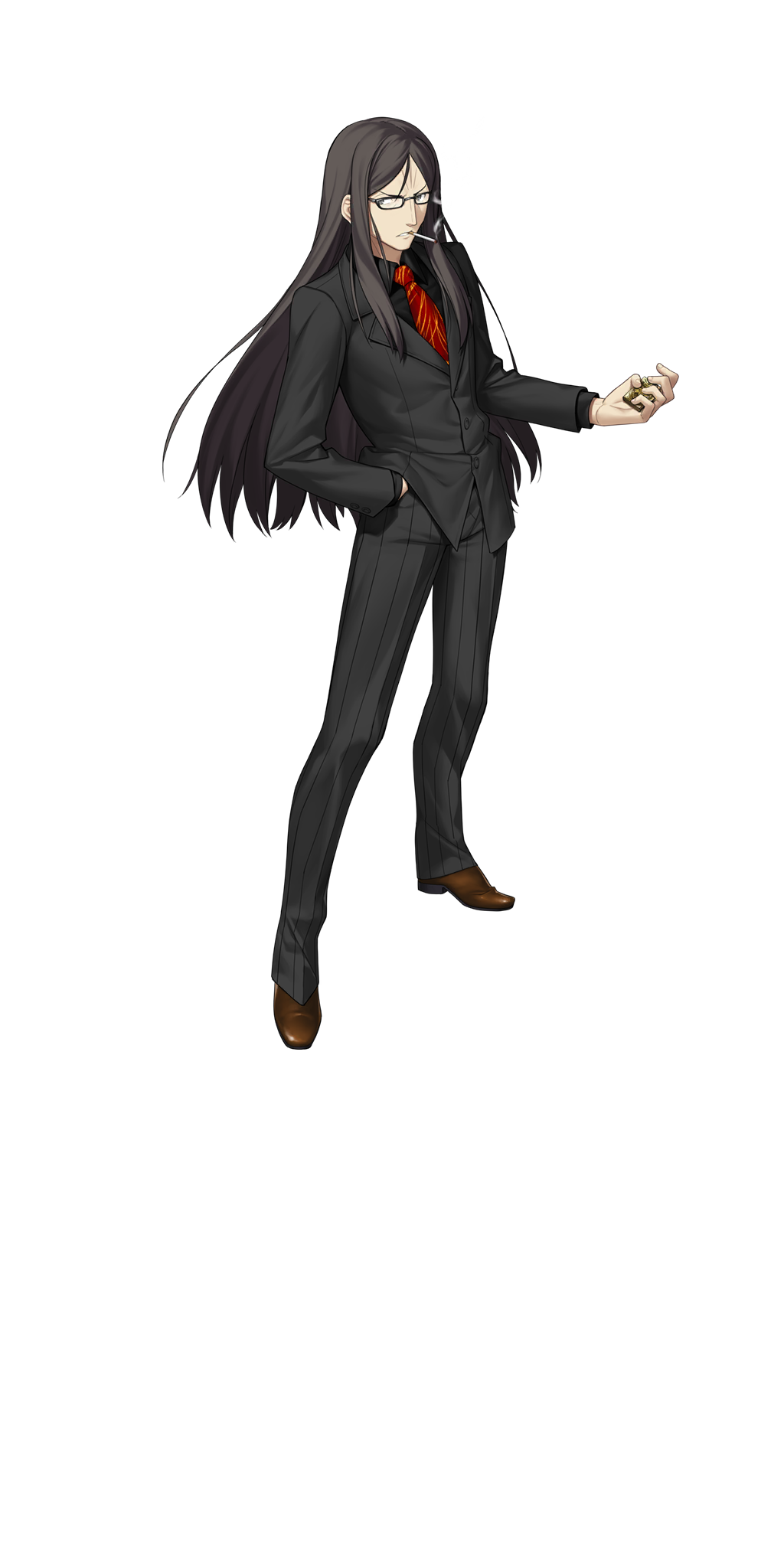 1boy black-framed_eyewear black_eyes black_hair black_jacket black_pants black_shirt black_suit buttons cigarette collared_shirt dress_pants fate/grand_order fate_(series) formal_clothes frown full_body game_cg glasses hand_in_pocket highres holding holding_lighter jacket lapels legs_apart lighter long_hair long_sleeves looking_at_viewer lord_el-melloi_ii male_focus mouth_hold necktie notched_lapels official_art pants parted_bangs pinstripe_pants pinstripe_pattern rectangular_eyewear red_necktie scarf shirt sidelocks smoke smoke_trail smoking solo standing suit suit_jacket tachi-e takeuchi_takashi teeth third-party_source transparent_background v-shaped_eyebrows very_long_hair waver_velvet wing_collar