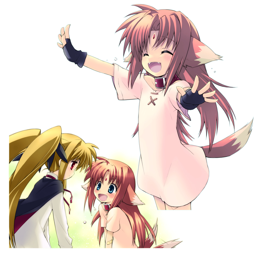 2girls :d afterimage aged_down animal_collar animal_ears arf bad_id bad_pixiv_id bandaid bandaid_on_arm black_cape black_gloves black_ribbon blonde_hair blue_eyes blush brown_hair cape choker closed_mouth collar cropped_legs dress facial_mark fangs fate_testarossa fingerless_gloves forehead_jewel gloves gotou_nao hair_ribbon leaning_forward light_smile long_hair long_sleeves looking_at_another lyrical_nanoha mahou_shoujo_lyrical_nanoha motion_lines multiple_girls multiple_tails neck_ribbon open_mouth outstretched_arms pink_dress pink_shirt red_eyes red_neckwear ribbon running shirt short_dress short_sleeves smile standing tail twintails white_background white_dress white_shirt