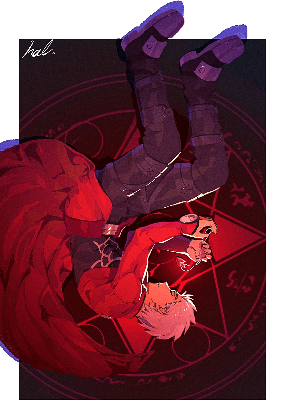 1boy abs archer_(fate) black_footwear black_pants black_shirt closed_eyes coat fate/stay_night fate_(series) hal_(haaaalhal) highres holding holding_jewelry holding_necklace jewelry long_sleeves lying magic_circle male_focus necklace on_side pants parted_lips red_coat shirt signature steel-toe_boots white_shirt