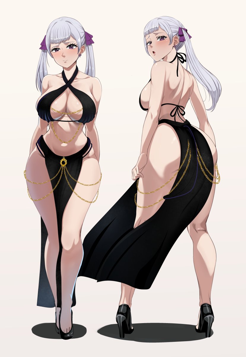 1girl alternate_costume ass black_clover black_dress breasts commentary commission dress earrings english_commentary from_behind full_body grey_hair hair_ribbon high_heels highres jewelry large_breasts long_hair meme_attire modakawa_dress multiple_views navel noelle_silva purple_eyes purple_ribbon ribbon side_slit sideboob simple_background standing the_amazing_gambit twintails white_background wide_hips yomorio_lingerie