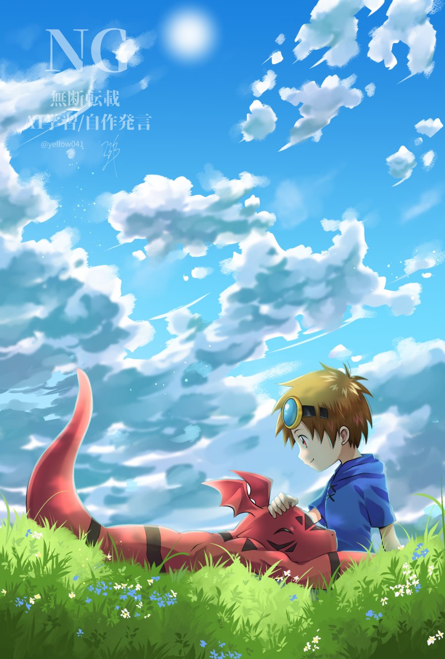 blue_hoodie brown_eyes brown_hair closed_eyes cloud digimon digimon_(creature) digimon_tamers dinosaur from_side goggles guilmon highres hood hoodie male_focus matsuda_takato on_grass outdoors profile red_scales sitting sky sun watermark yellow041