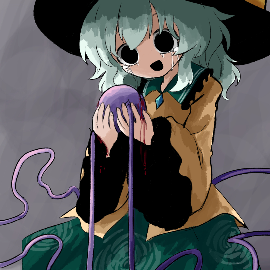 1girl black_eyes black_hat blood blood_drip bloody_tears buttons crying crying_with_eyes_open diamond_button eyeball floral_print frilled_shirt_collar frilled_sleeves frills green_hair green_skirt grey_background hat hat_ribbon heripantomorrow holding_eyeball komeiji_koishi print_skirt ribbon rose_print shirt skirt smile tears third_eye touhou yellow_ribbon yellow_shirt