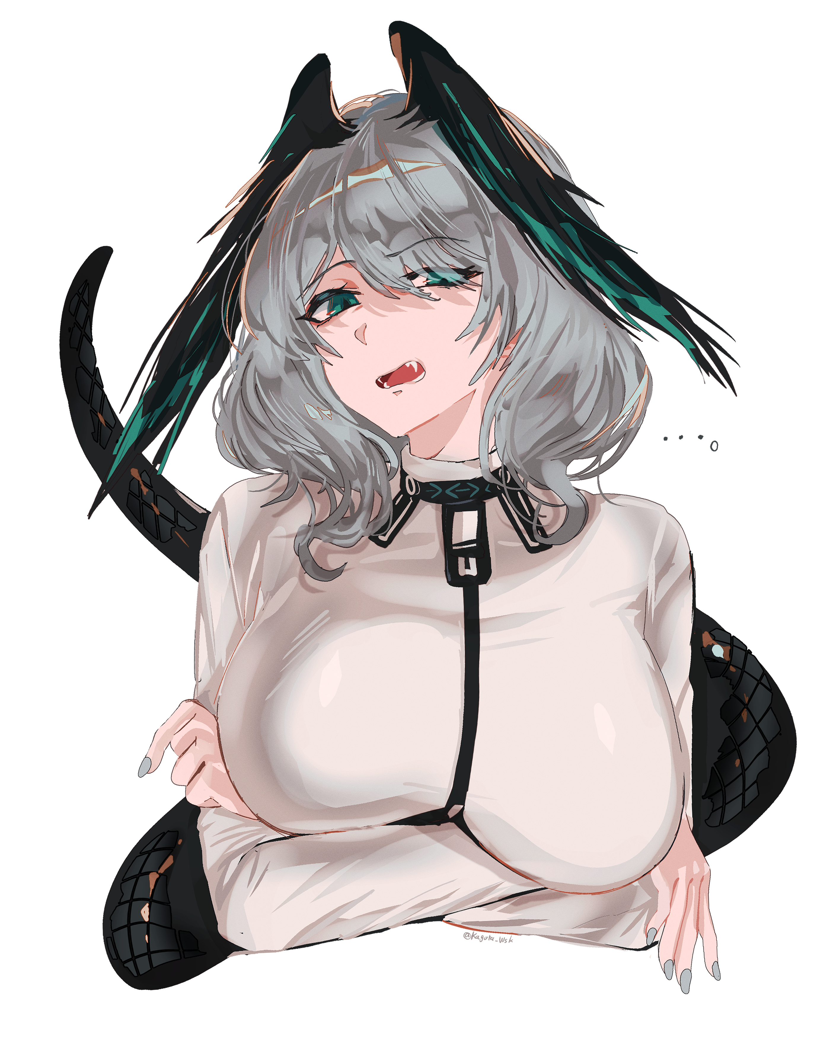 1girl absurdres aqua_eyes arknights breasts crossed_arms grey_hair highres ho&#039;olheyak_(arknights) kaguura_(kagu) large_breasts long_sleeves looking_at_viewer open_mouth short_hair simple_background snake_tail solo tail upper_body white_background