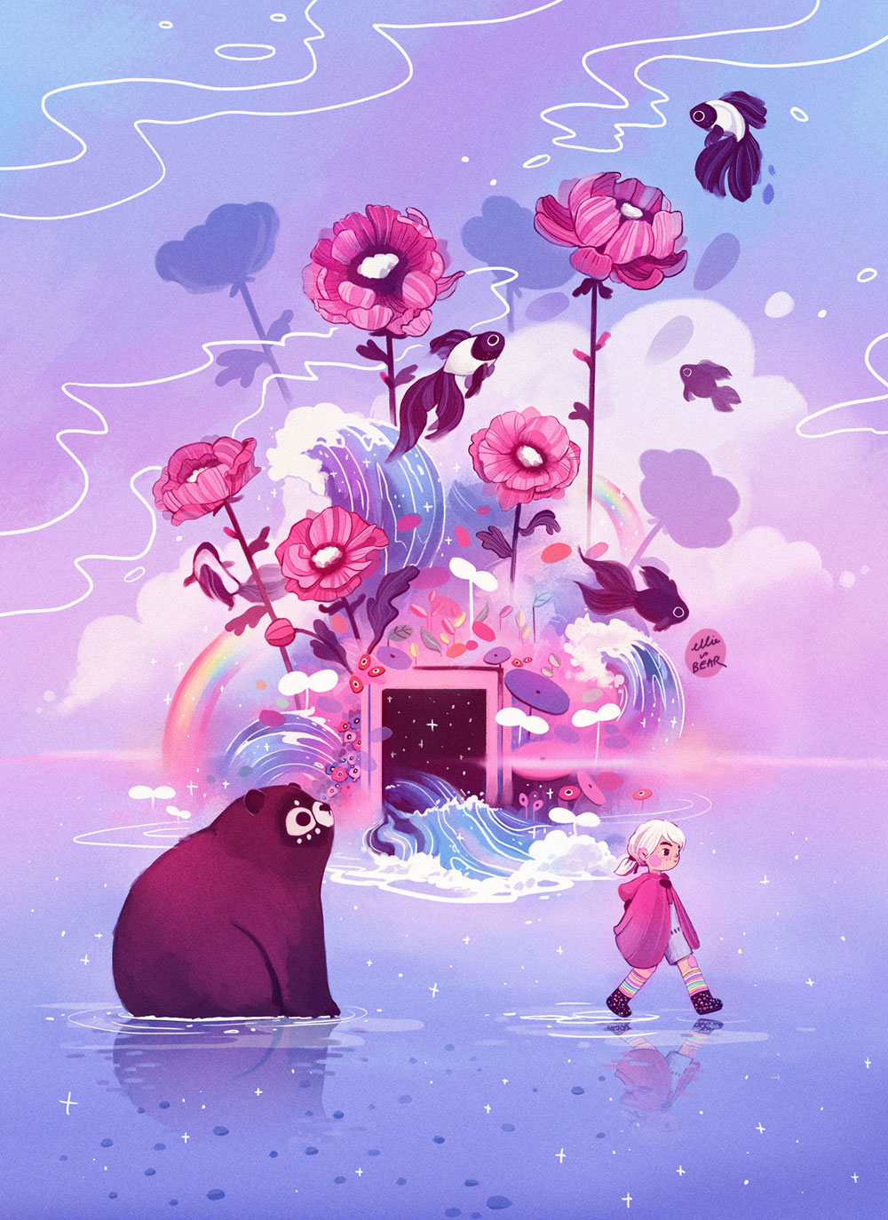 1girl artist_name bear boots cloak cloud commentary door ellievsbear english_commentary entrance fish flower flying_fish from_side highres original pink_flower rainbow reflection short_hair shorts signature sitting sky socks solid_circle_eyes solid_eyes sparkle walking water wide_shot