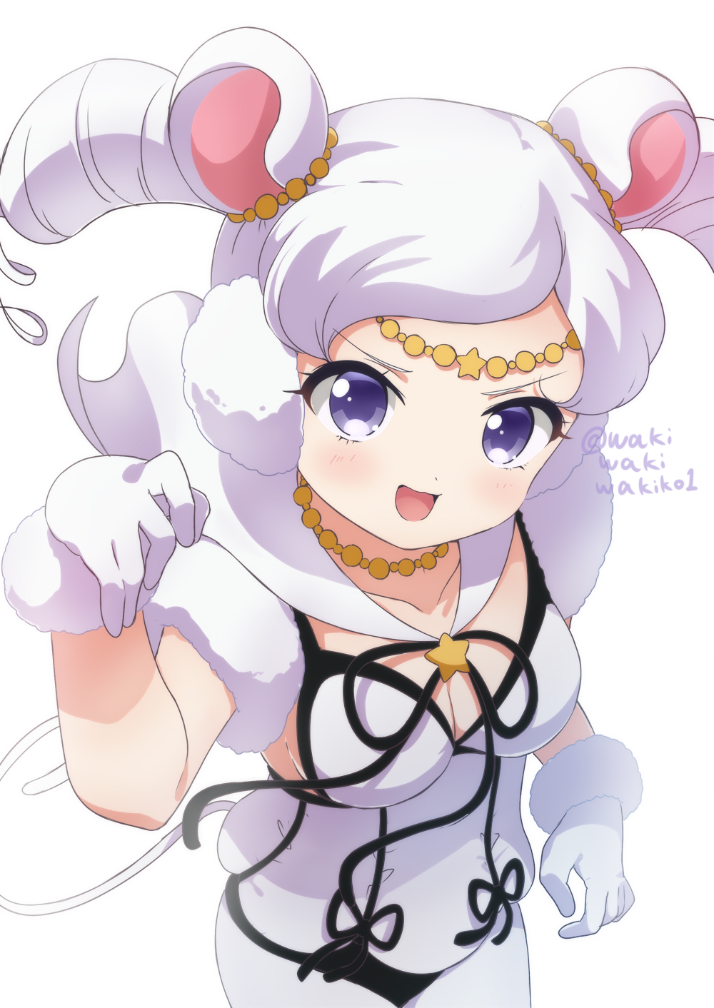 1girl :d animal_ears bishoujo_senshi_sailor_moon bishoujo_senshi_sailor_moon_stars black_ribbon breasts brooch cleavage collarbone commentary_request dress female_focus fur-trimmed_gloves fur_trim gloves hand_up highres jewelry medium_breasts mouse_ears mouse_girl mouse_tail neck_ribbon neki_(wakiko) open_mouth purple_eyes ribbon sailor_iron_mouse simple_background smile solo star_(symbol) star_brooch tail twintails twitter_username white_background white_dress white_gloves white_hair