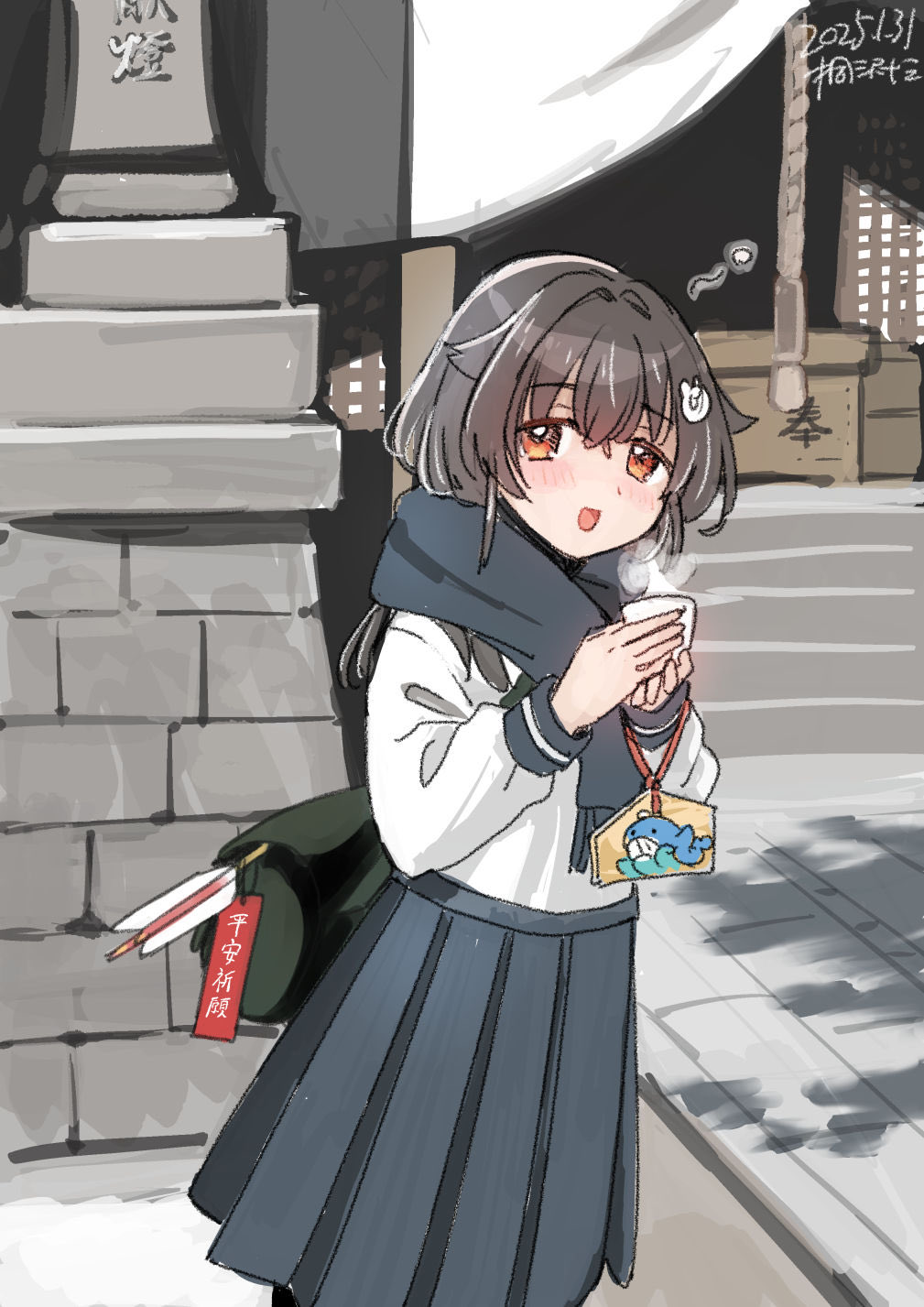1girl artist_logo bag blue_scarf blue_skirt box brown_eyes commentary_request cup dated derivative_work donation_box ema feet_out_of_frame grey_eyes hair_flaps hair_ornament highres jingei_(kancolle) kantai_collection kirisawa_juuzou logo long_hair mug official_art outdoors pleated_skirt rope scarf shirt shrine shrine_bell skirt smile solo whale_hair_ornament white_hair white_shirt
