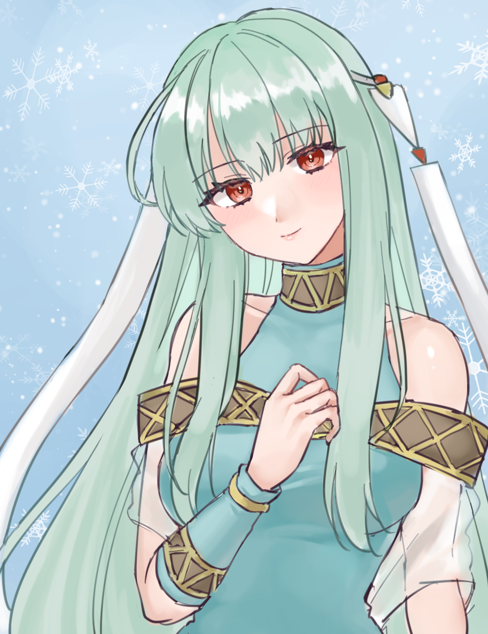 1girl bare_shoulders blue_dress closed_mouth commentary dress fire_emblem fire_emblem:_the_blazing_blade green_hair hair_ribbon hazuki_(nyorosuke) highres long_hair looking_at_viewer ninian_(fire_emblem) nintendo red_eyes ribbon smile snowflakes solo upper_body white_ribbon