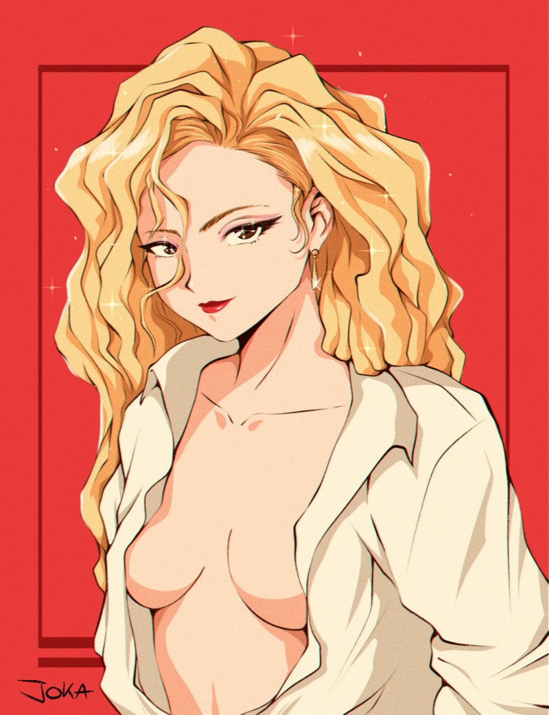 1girl blonde_hair breasts breasts_apart earrings golden_boy jewelry jokazard lipstick long_hair looking_at_viewer makeup mature_female medium_breasts no_bra onna_shachou open_clothes open_shirt red_background red_lips shirt signature simple_background solo white_shirt