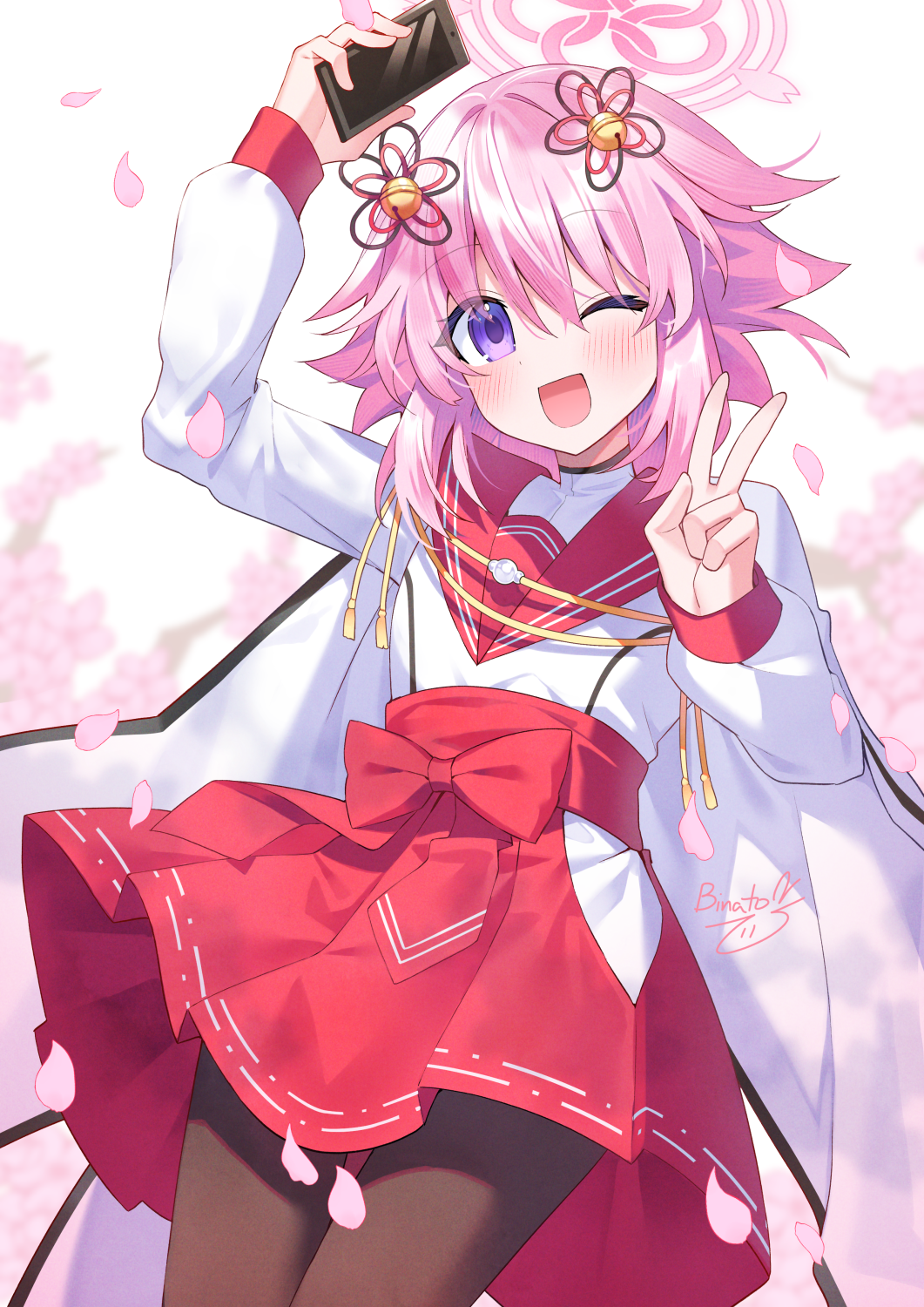 1girl binato_lulu black_pantyhose blue_archive cellphone cosplay highres holding holding_phone mimori_(blue_archive) mimori_(blue_archive)_(cosplay) neptune_(neptunia) neptune_(series) one_eye_closed pantyhose phone pink_hair purple_eyes red_sailor_collar red_skirt sailor_collar shirt short_hair skirt v voice_actor_connection white_shirt
