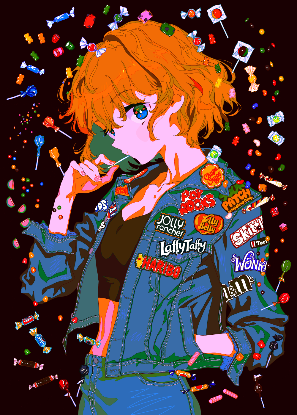 1girl black_background blue_eyes bowl_cut candy candy_wrapper chocolate clothes_writing collarbone colorful cowboy_shot crop_top denim denim_jacket eyes_visible_through_hair fingernails flat_chest food food_in_mouth gummy_bear hand_in_jacket hand_up haribo highres jacket jeans jelly_bean lollipop looking_at_viewer m&amp;m&#039;s midriff nail_polish orange_hair original pants pink_nails product_placement qqmng short_hair simple_background solo sweets