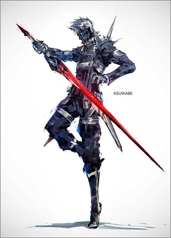 1boy armor blue_eyes fate/grand_order fate_(series) full_body gram_(fate) k-suwabe male_focus mask masked shoulder_spikes sigurd_(fate) sigurd_(first_ascension)_(fate) solo spikes sword weapon