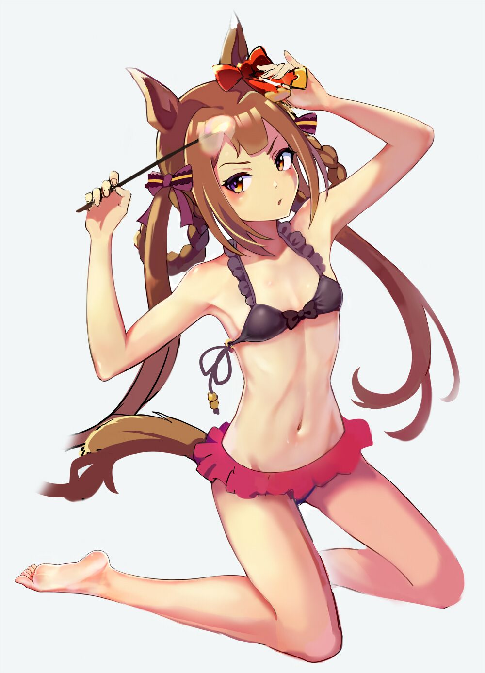 alternate_costume animal_ears armpits blush breasts brown_hair collarbone artistic_error hair_ornament hair_ribbon highres horse_ears horse_tail kneeling long_hair looking_at_viewer navel okken purple_eyes ribbon simple_background small_breasts sweep_tosho_(umamusume) swimsuit tail twintails umamusume wand white_background wrong_foot
