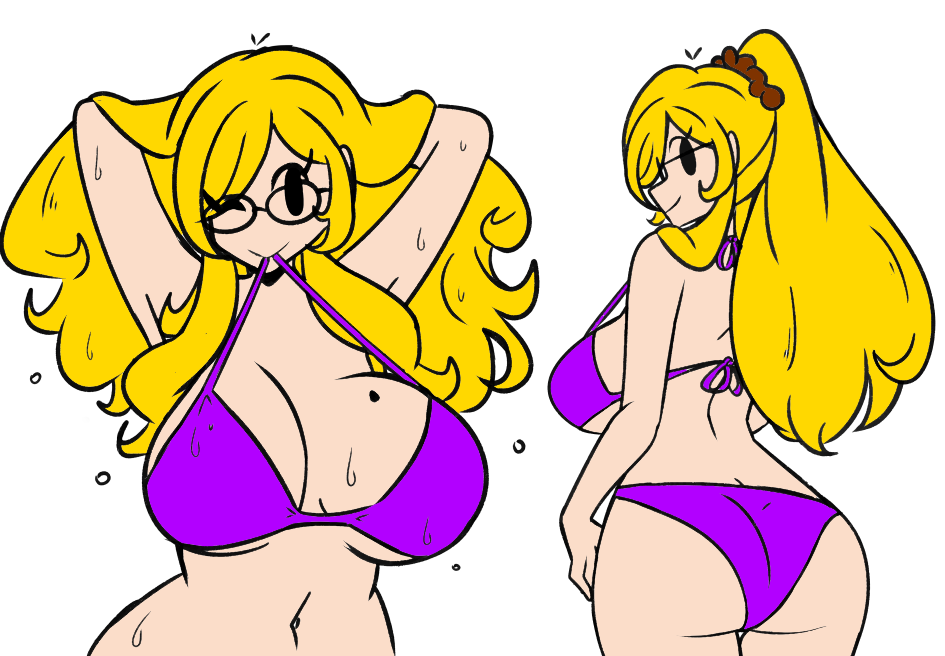 1girl bikini breasts glasses looking_back mole mole_on_breast murgoten one_eye_closed ponytail swimsuit wink