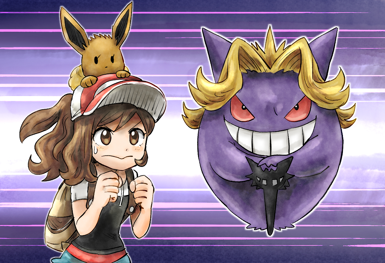 1girl agatha_(pokemon) backpack bag baseball_cap blonde_hair brown_eyes brown_hair cane clenched_hands colored_sclera cosplay eevee elaine_(pokemon) gen_1_pokemon gengar hat kicdon nintendo pokemon pokemon_(creature) pokemon_lgpe red_sclera sweat teeth v-shaped_eyebrows