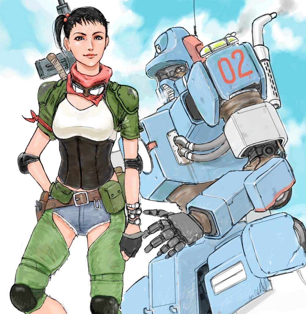 black_hair goggles gun holster izo_(bjc000510) mecha rag_uralo realistic robot sentou_mecha_xabungle short_hair shorts watch weapon xabungle_(mecha)
