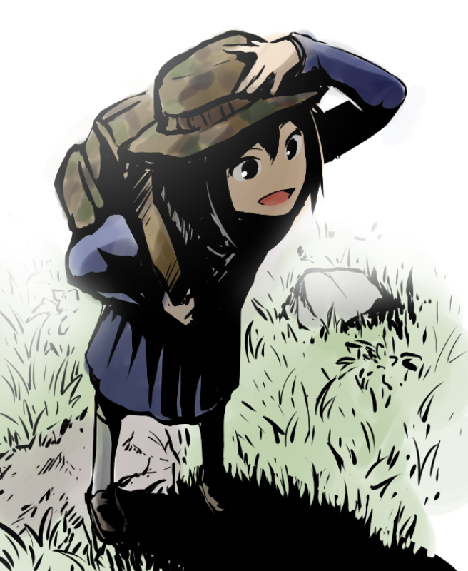 1boy asakusa_midori black_hair boonie_hat camouflage_bag camouflage_hat commentary eizouken_ni_wa_te_wo_dasu_na! grass henriiku_(ahemaru) rock school_uniform shadow shibahama_high_school_uniform short_hair solo