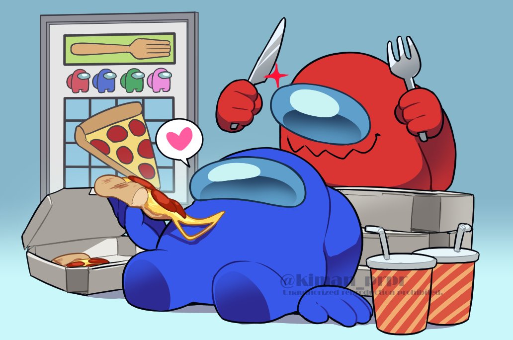 2others among_us blue_(among_us) cheese cheese_trail commentary_request crewmate_(among_us) cup disembodied_hand disposable_cup eating food fork heart holding holding_food holding_fork holding_knife holding_pizza impostor_(among_us) kiman knife multiple_others on_floor pizza pizza_box pizza_slice rayman_limbs red_(among_us) sitting sparkle spoken_heart twitter_username watermark