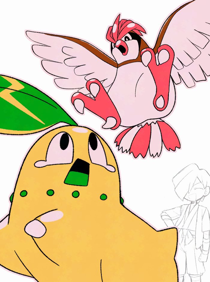 1boy :d bird black_eyes chikorita closed_eyes commentary_request falkner_(pokemon) gen_1_pokemon gen_2_pokemon looking_up male_focus nintendo open_mouth pidgeotto pokemon pokemon_(creature) pokemon_gsc short_hair smile tearing_up tongue tyako_089 white_background