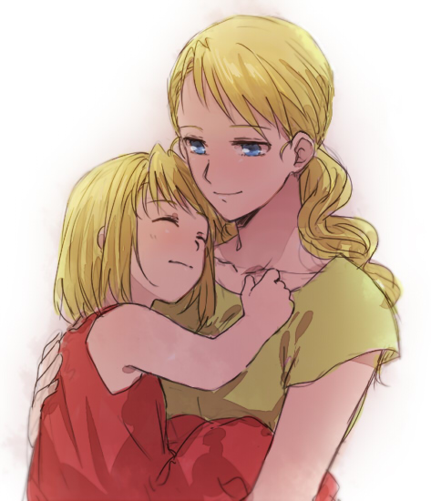 2girls aged_down bare_arms blonde_hair blue_eyes carrying closed_eyes dress fullmetal_alchemist gradient_background green_shirt happy hug light_smile long_hair looking_down mother_and_daughter multiple_girls pink_dress riru sara_rockbell shirt short_hair simple_background sleeveless sleeveless_dress smile upper_body white_background winry_rockbell