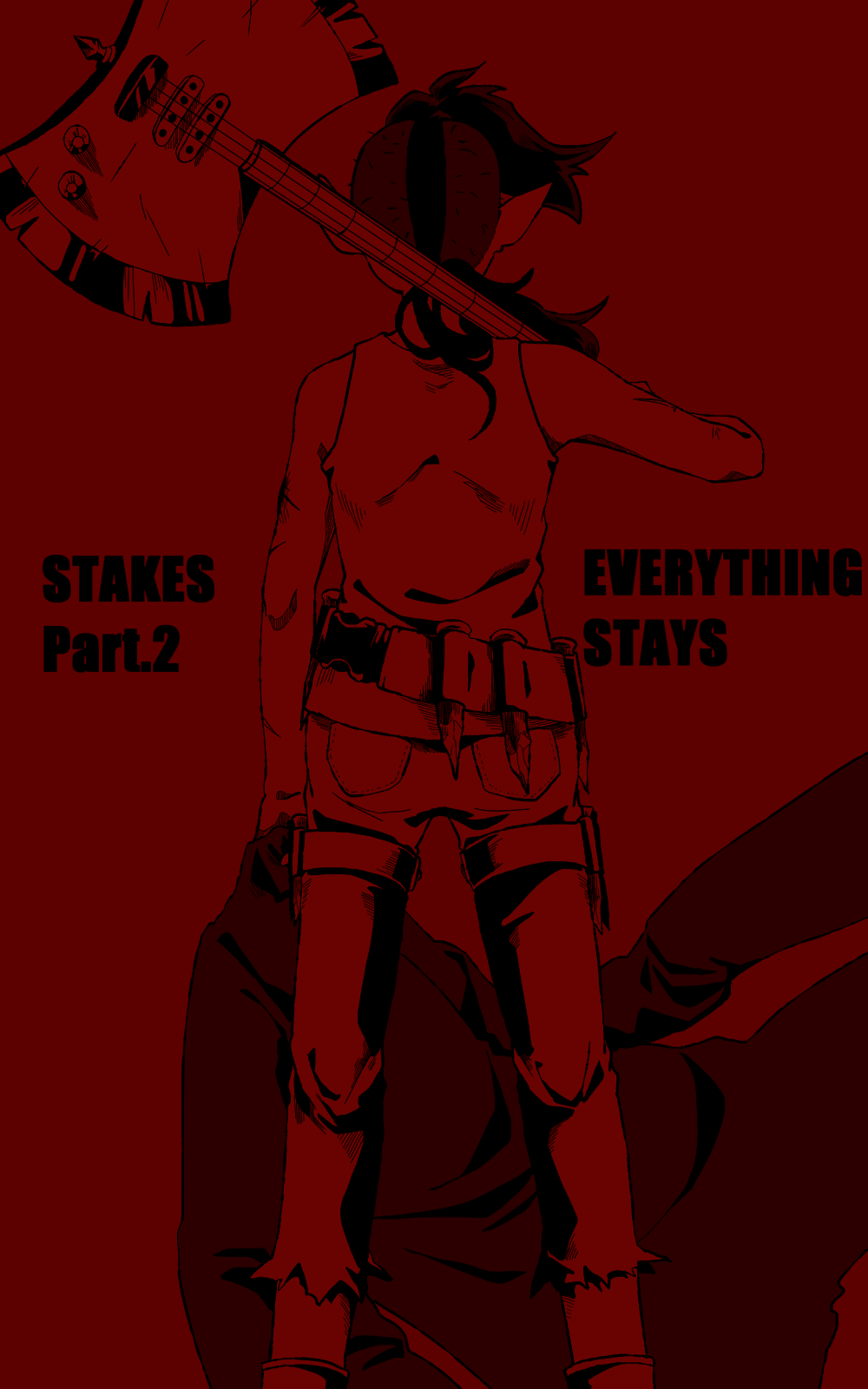 1girl adventure_time ax_bass axe_guitar bass_guitar black_hair commentary from_behind highres long_hair marceline_abadeer pointy_ears ponytail raya_(uk_0128) red_background red_theme solo stake vampire