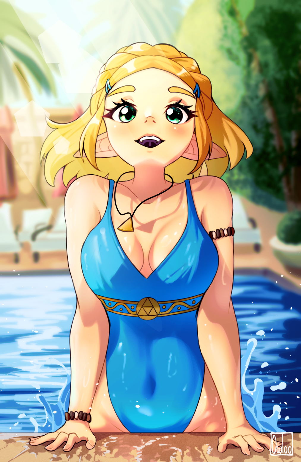 blonde_hair green_eyes highres looking_at_viewer nintendo one-piece_swimsuit owloo_art pointy_ears pool poolside princess_zelda swimsuit the_legend_of_zelda triforce wet