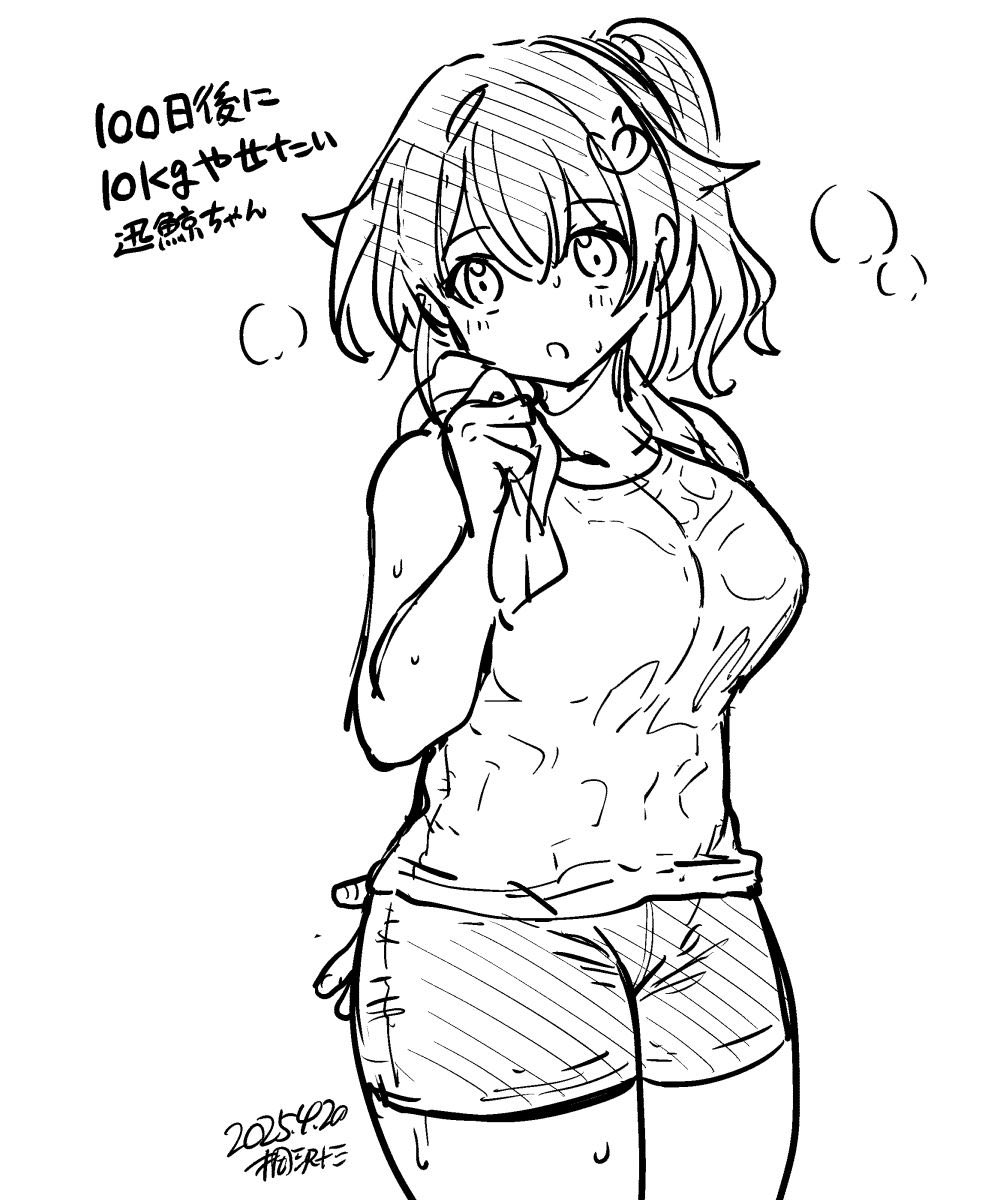 1girl alternate_costume artist_name breasts commentary_request cowboy_shot dated hair_flaps hair_ornament hairclip highres jingei_(kancolle) kantai_collection kirisawa_juuzou large_breasts lineart long_hair monochrome ponytail shorts solo sweat tank_top towel translation_request very_sweaty wavy_mouth whale_hair_ornament