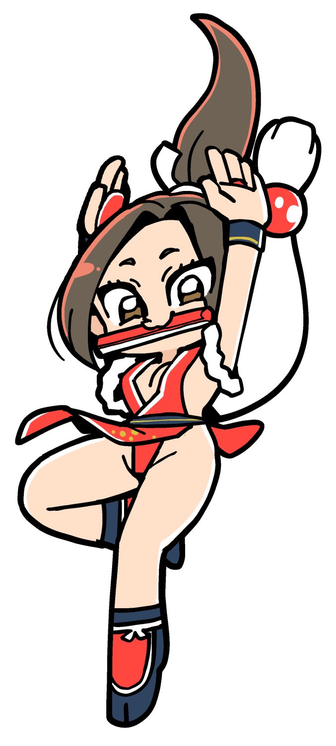 1girl :3 armpits arms_up bkub breasts brown_eyes brown_hair chibi cleavage fatal_fury female_focus folding_fan full_body hand_fan highres japanese_clothes kimono large_breasts long_hair looking_at_viewer matching_hair/eyes mouth_hold ninja pelvic_curtain ponytail red_kimono shiranui_mai short_kimono simple_background solo white_background