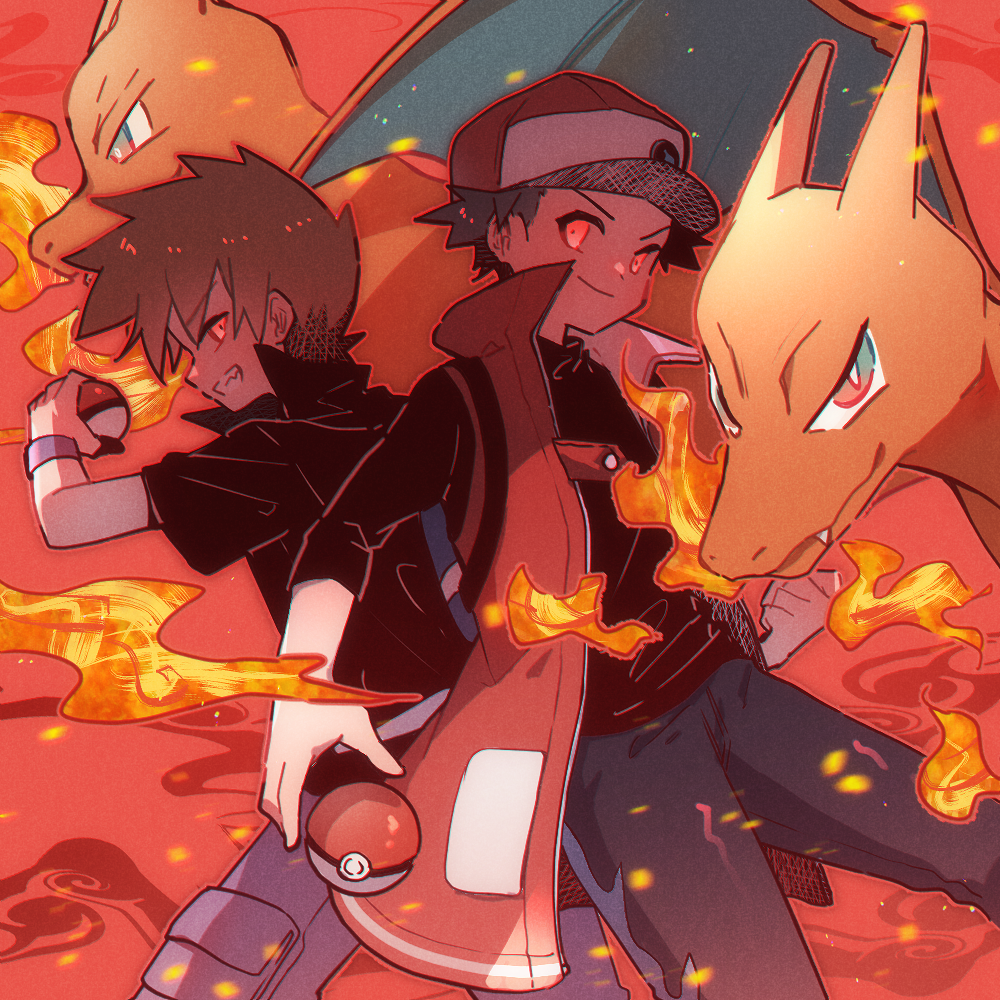 2boys black_shirt blue_oak brown_hair charizard closed_mouth coat commentary_request fire game_freak gen_1_pokemon grin hand_up hat holding holding_poke_ball looking_at_viewer maccha_pamocute male_focus multiple_boys nintendo official_alternate_costume orange_eyes pants poke_ball poke_ball_(basic) pokemon pokemon_(creature) pokemon_frlg pokemon_masters_ex popped_collar red_(pokemon) red_(sygna_suit)_(pokemon) red_coat red_hat shirt short_hair short_sleeves sleeveless sleeveless_coat smile teeth wristband