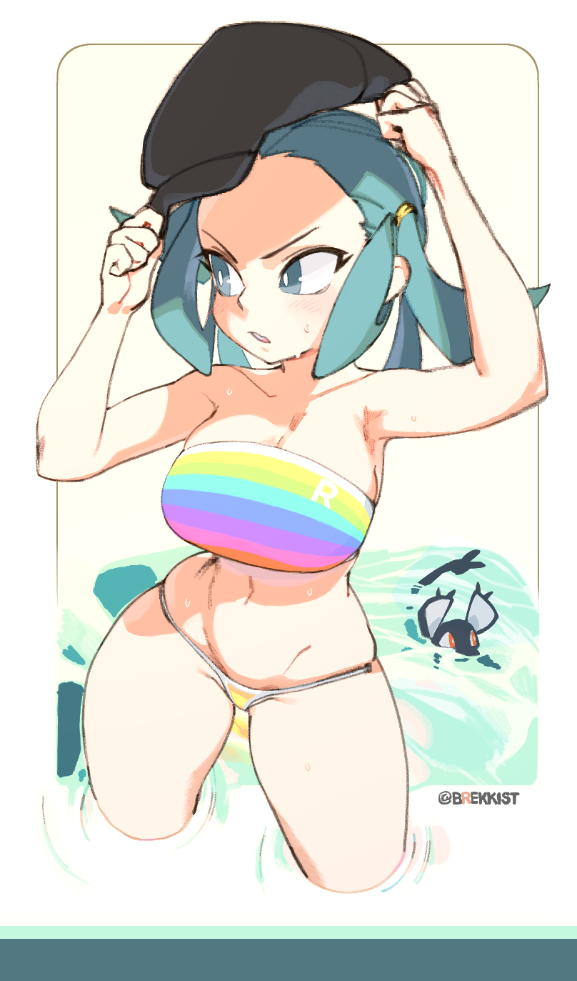 1girl adjusting_hair alolan_form alolan_rattata alternate_costume arms_up artist_name bare_arms beach bikini blue_eyes blue_hair blush breasts brekkist newsboy_cap cleavage female_focus gen_7_pokemon hair_rings hat highres large_breasts looking_to_the_side mismatched_bikini multicolored_bikini navel nintendo panties parted_lips partially_submerged pokemon pokemon_(creature) pokemon_usum short_twintails sideboob skindentation solo standing strapless strapless_bikini swimsuit team_rainbow_rocket_grunt team_rocket twintails underwear wading water wet yellow_bikini